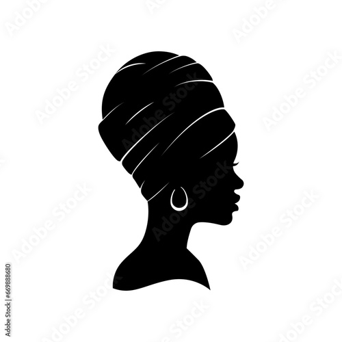 Silhouette of african woman wearing head covering isolated on white background
