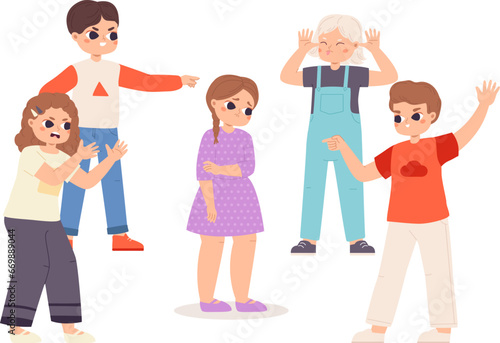 Bullying children. Sad girl and angry schoolmates. Aggressive behavior, teenagers abusing and mocking at toddler. Cartoon snugly social vector scene
