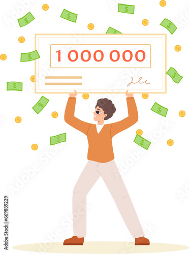 Winner in lottery with money check prize. Happy guy, lucky man win in gambling game. Announcement, rich young male snugly vector character