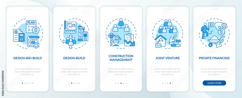 2D blue icons representing construction cost mobile app screen set. Walkthrough 5 steps monochromatic graphic instructions with linear icons concept, UI, UX, GUI template. - obrazy, fototapety, plakaty 