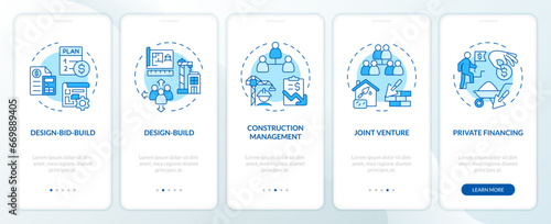 2D blue icons representing construction cost mobile app screen set. Walkthrough 5 steps monochromatic graphic instructions with linear icons concept, UI, UX, GUI template.