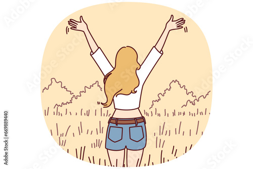 Back view of woman stand in field with hands raised excited with good day. Overjoyed girl enjoy mental health and recovery. Vector illustration.