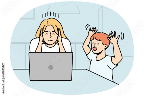 Son screams, hinders his mother doing business at home. Woman is sitting at laptop, trying to concentrate. Remote, distant work. Vector linear colored illustration isolated on blue background.