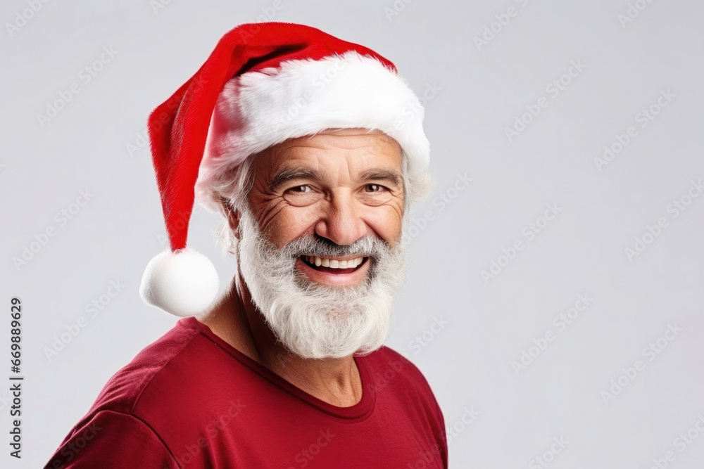 Isolated portrait of a happy satisfied laughing bearded mature man wearing red santa hat on a white background