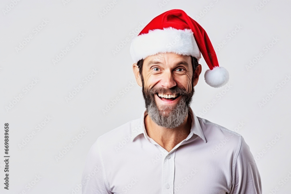 Isolated portrait of a happy satisfied laughing bearded adult man wearing red santa hat on a white background