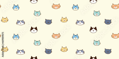 Seamless Pattern with Cartoon Cat Face Design on Light Yellow Background