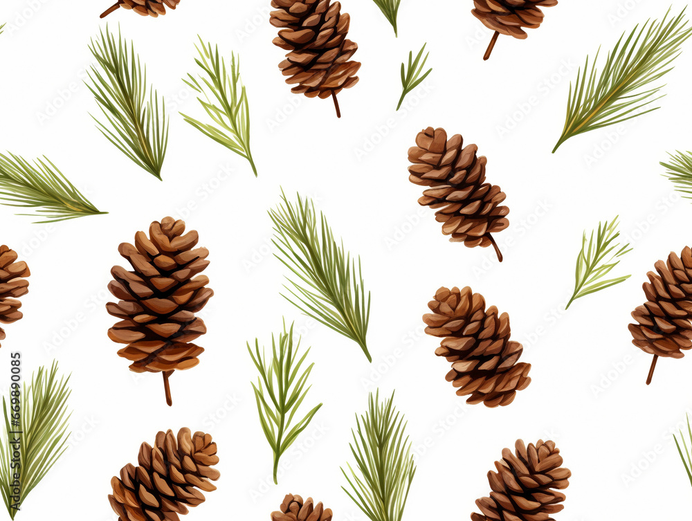 Seamless winter pattern of pine needles, branches and fir cones. Christmas or New Year background.
