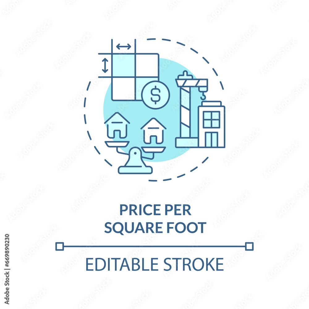 2D editable blue price per square foot icon, monochromatic isolated vector, construction cost thin line illustration.
