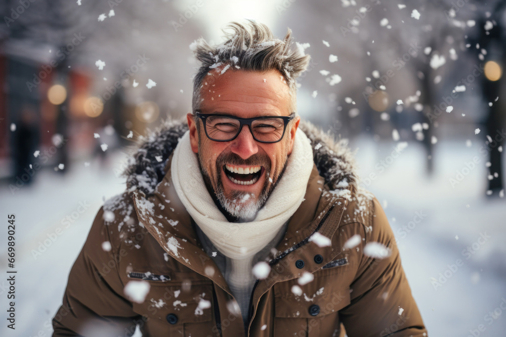 Portrait of a cheerful happy excited satisfied adult man outdoors rejoicing wintertime and snowfall - obrazy, fototapety, plakaty 