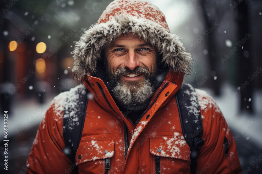 Portrait of a cheerful handsome adult man outdoors during snowfall in wintertime