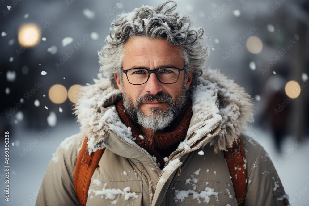 Fototapeta premium Portrait of a serious handsome adult man outdoors during snowfall in wintertime