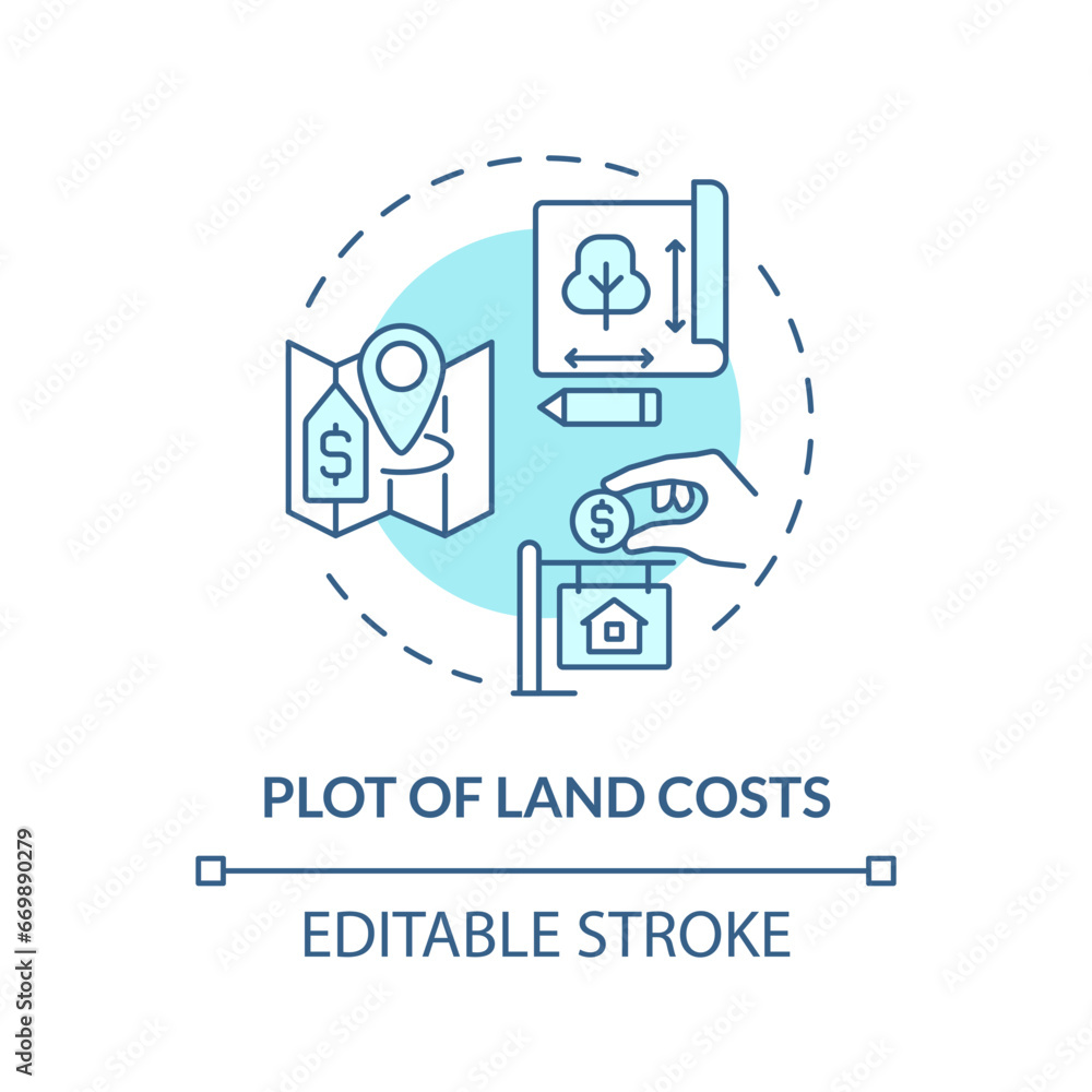 2D editable blue plot of land costs icon, monochromatic isolated vector, construction cost thin line illustration.