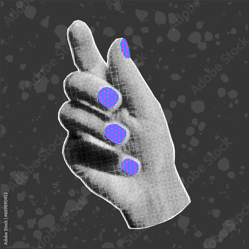 Halftone collage of female hand with purple neon nails with pink polka dots on dark textured background. Bright doodle elements.