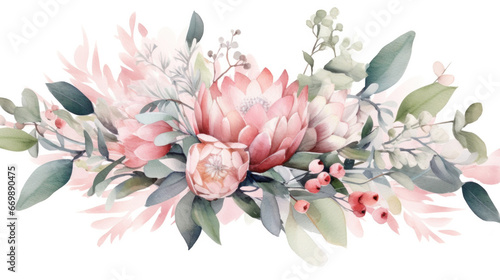 Pink flowers and eucalyptus greenery bouquet. Watercolor of Wedding Invitation.