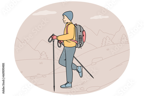 Guy with backpack, poles for Nordic walking going at nature. Man engaged in camping, tourism, travelling. Backpacking trip. Healthy, active lifestyle. Vector contour line colorful illustration.
