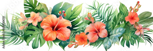 Watercolor of Tropical spring floral green leaves and flowers, bouquets greeting or wedding card decoration. © tong2530