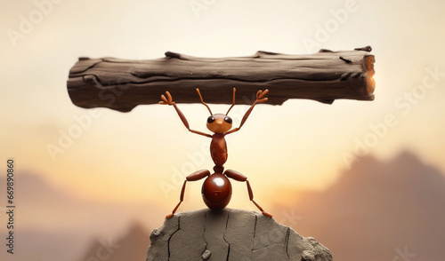 An industrious worker ant, carries a small log, illustrating the incredible strength and cooperation that defines these remarkable insects photo