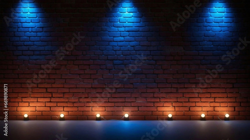 An illuminated scene featuring a prominent spotlight, casting its light upon a textured brick wall