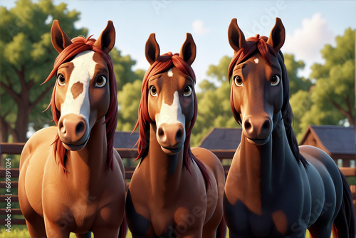 Vibrant 3D cartoon character trio - Three horses brought to life in a captivating, colorful portrait through digital rendering photo