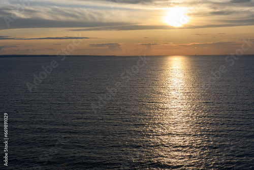 Germany: Beautiful sunset at the Baltic Sea, Warnemuende, Rostock, aerial view