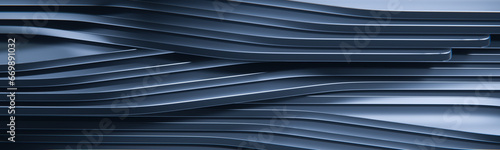 Metal curve wave geometry, blue background. abstract 3d rendering, wavy blue metallic shape. 3d rendering. wide banner