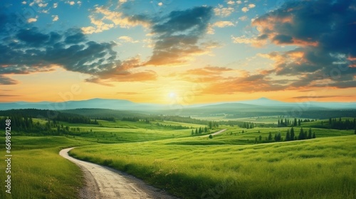 Green fields with a winding road at sunrise in Summer  Rural landscape