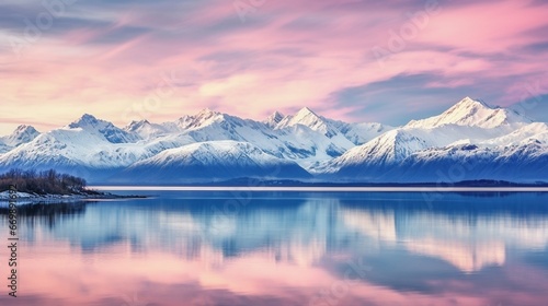 Landscape photo of a snow capped mountain range with a lake in front with reflections © Raveen