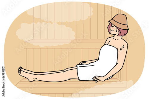 Woman in felt hat wrapped in body towel sits, sweating on bench in sauna. Girl relaxes, enjoys in bathhouse. Lady spends time at spa. Health recovering procedure. Vector outline colorful illustration.
