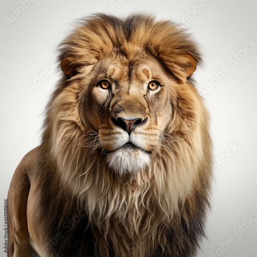 Lion in white background, full body look, full HD, hyper-realistic