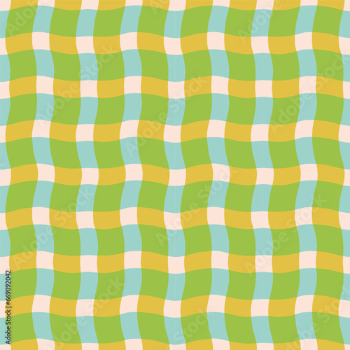 Funky wavy checkered lines pattern. Vector seamless plaid texture with overlaid colourful lines. Modern geometrical background