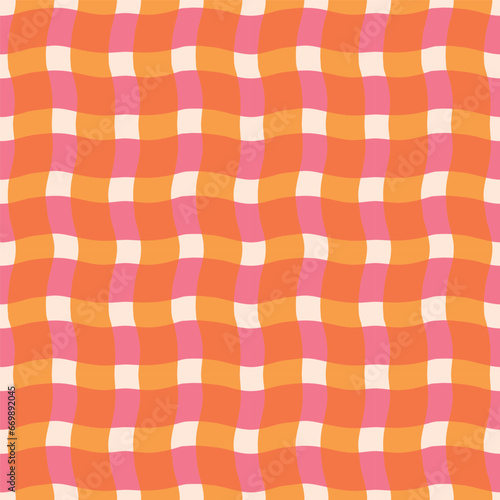 Funky wavy checkered lines pattern. Vector seamless plaid texture with overlaid colourful  lines. Modern geometrical background
