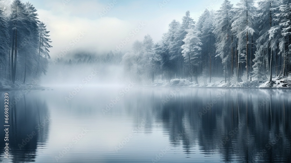 Fototapeta premium Landscape photo of a winter scene. Pine forest with snow and mist with a lake in the foreground