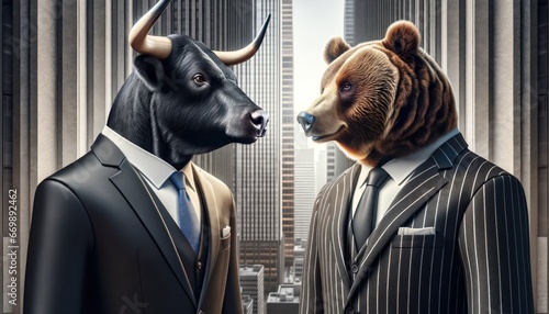 A bull and a bear in a corporate setting. Both animals are depicted in human-like stances, adorned in elegant business suits stock trading financial market representation photo