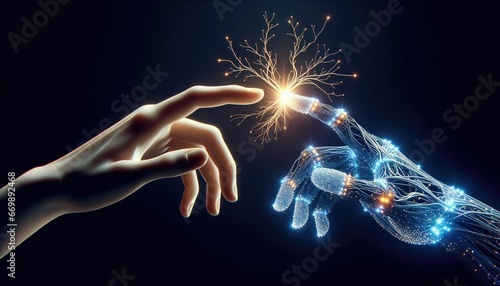 Two hands, glowing AI cyber neurolink hand and human hand, reaching out with their index fingers and glowing neural connection at the point of contact science and innovation technolody background photo
