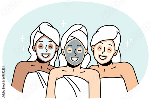 Girls in head and body towels, cosmetic face masks smiling. Women in hair wraps have beauty treatment in spa, sauna. Facial skincare female routine, anti-aging procedure. Vector outline illustration.