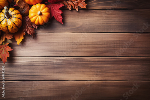 Thanksgiving Autumn Decoration on Wood Background with Empty Space