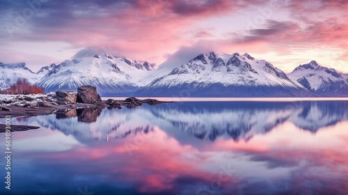 Landscape photo of snow covered mountains reflected in a still lake at sunrise