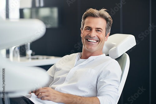 Close-up photo of a smiling middle aged Caucasian man sitting in a chair in a dental office. He is waiting for the dentist for an oral procedure. Teeth whitening concept. photo