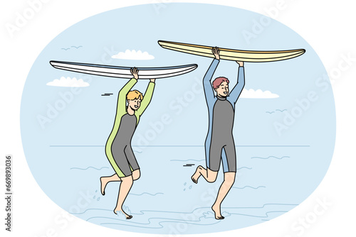 Guys in wetsuits run with surfboards over their heads along seashore. Boys are surfing on ocean on summer vacation. Young men practicing extreme sport on sea. Vector outline colored illustration.