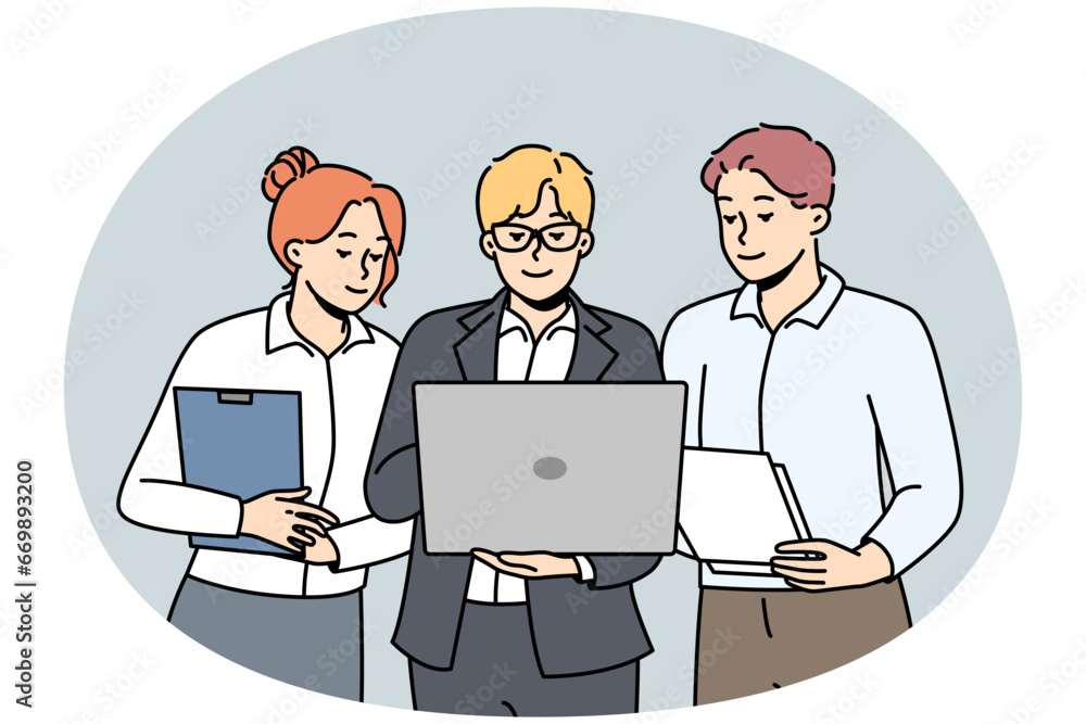 Man in glasses demonstrates business presentation on laptop to colleagues. Businessmen, businesswoman stand together, look to computer screen at office work. Meeting. Vector linear colored clipart.