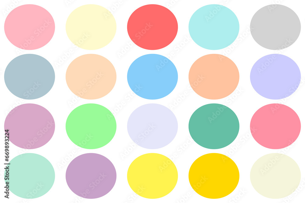 Pastel color palette with color code on transparent background, 20 rgb pastel colors set 