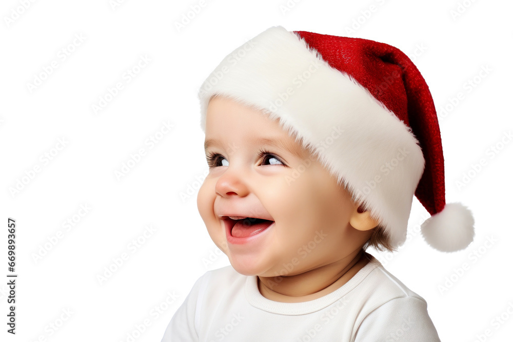 Portrait of a happy cute cheerful joyful baby wearing santa hat on a transparent background Portrait of a happy cute cheerful joyful baby wearing santa hat on a transparent background