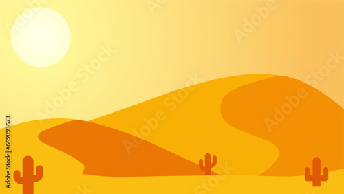 Desert landscape vector illustration. Sand desert landscape with heat sun and cactus. Subtropical desert landscape for background, wallpaper or landing page