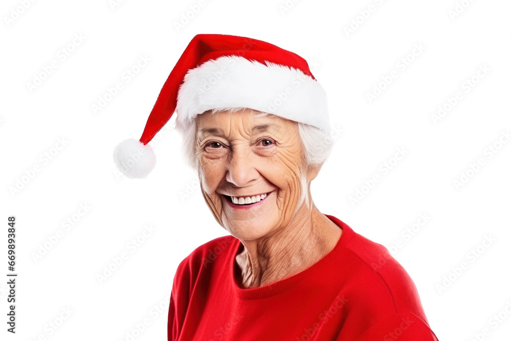 Portrait of happy smiling cheerful old woman wearing red santa hat on a transparent background Portrait of happy smiling cheerful old woman wearing red santa hat on a transparent background