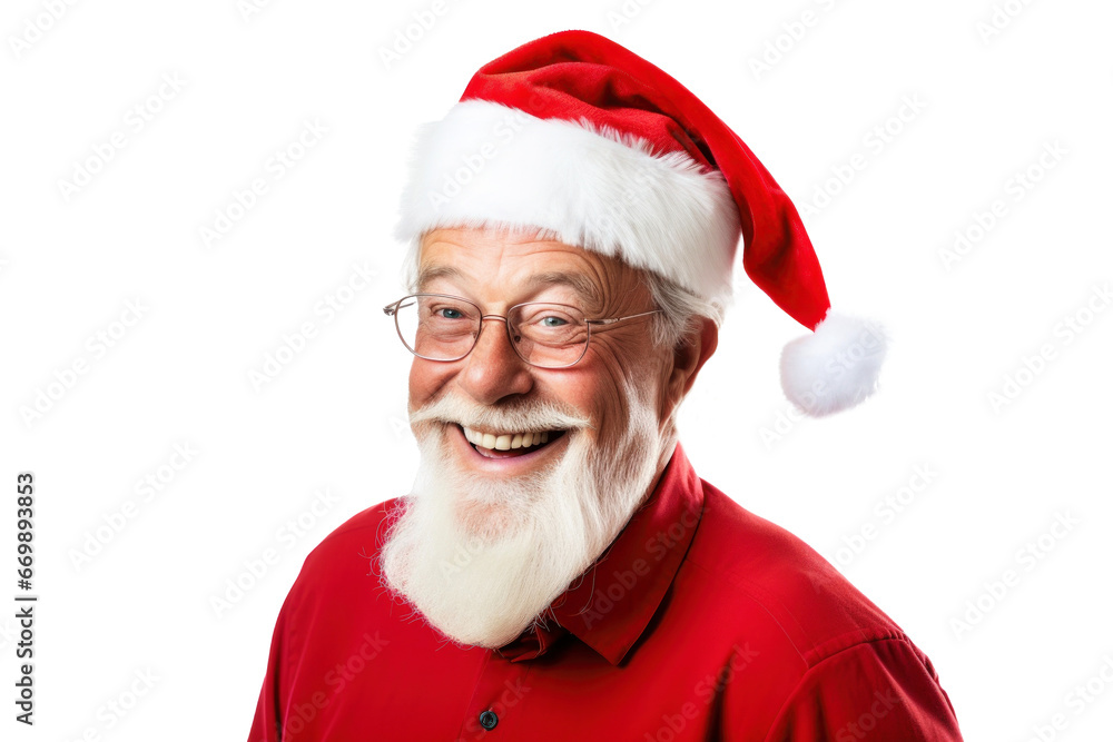 Portrait of a happy satisfied joyful laughing bearded mature man wearing glasses and red santa hat on a transparent background Portrait of a happy satisfied joyful laughing bearded mature man wearing glasses and red santa hat on a transparent background