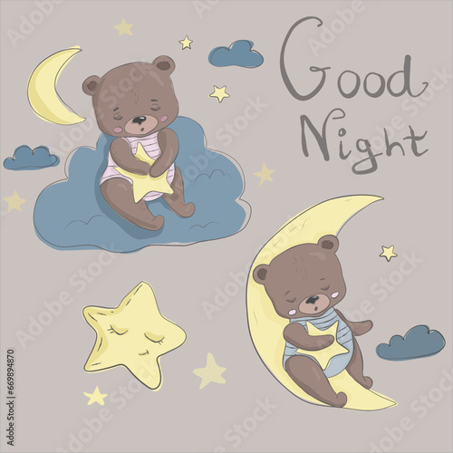 Teddy bear sleep on the moon with stars.Cute boy and girl teddy bear set. Baby print, poster, pattern. Cartoon bear sleep