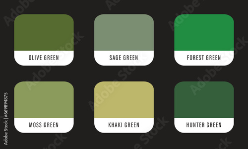 Green earth tone color palette in rgb vector with color name
