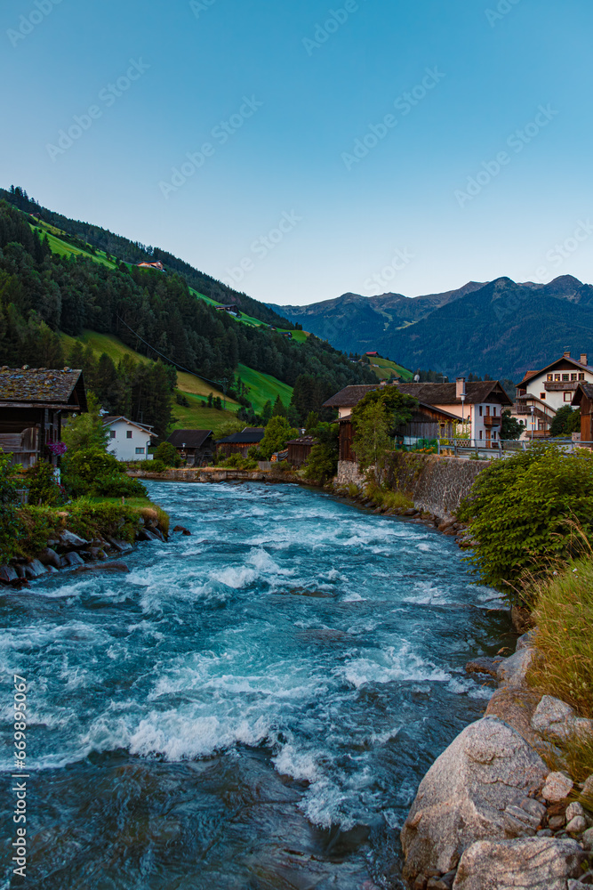 Alpine sunrise with the river Ahr at St Johann, San Giovanni, Ahrntal valley, Pustertal, Trentino, Bozen, South Tyrol