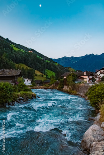 Alpine summer sunrise view with the river Ahr at St Johann, San Giovanni, Ahrntal valley, Pustertal, Trentino, Bozen, South Tyrol, Italy