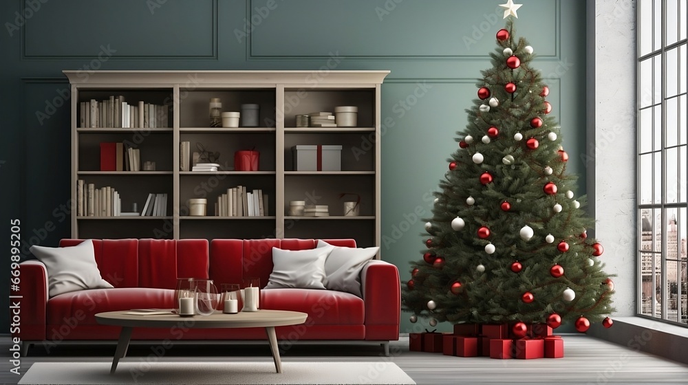 A room with red sofa, book shelves and Christmas tree with red balls and gifts A room with red sofa, book shelves and Christmas tree with red balls and gifts